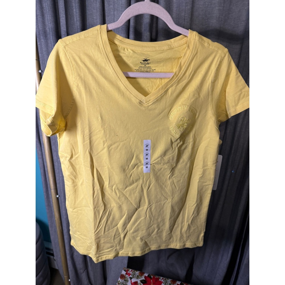 Beverly Hills Polo Club Womens V-Neck T-Shirt Yellow Embroidered Logo Size M